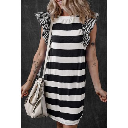Black Stripe Contrast Ruffled Sleeve T-shirt Dress