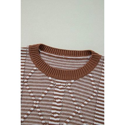 Brown Stripe Geometric Textured Drop Shoulder Sweater