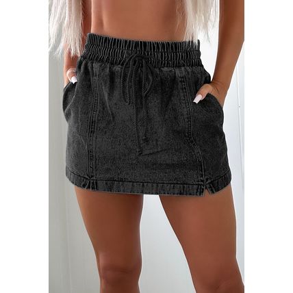 Black Drawstring High Waist Pocketed Denim Shorts