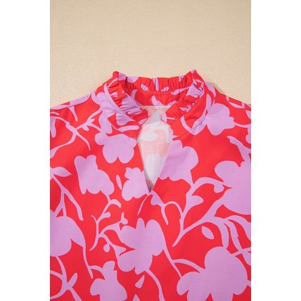Red Floral Three Quarter Sleeves Ruffle Hem Mini Dress