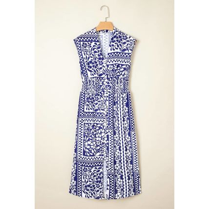 Dirty blue Shirred Waist V Neck Sleeveless Floral Print Midi Dress