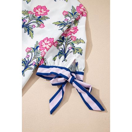 White Floral Colorblock Stripe Knot Bubble Sleeve V Neck Blouse