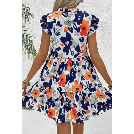 Orange Floral Print Notched Neck Flutter Sleeve Mini Dress