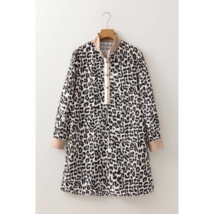 Multicolour Button Striped Collar Leopard Print Long Sleeve Flared Dress