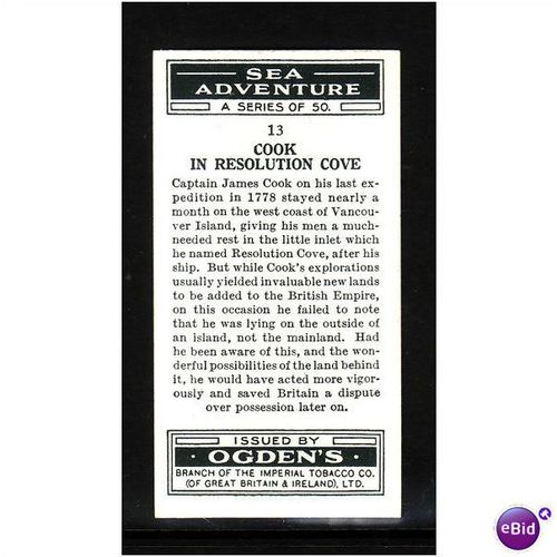 Ogden's Cigarette Card 1939 Sea Adventure No13 Cook in Resolution Cove Fine Mint