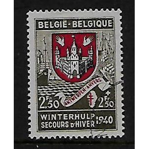 BELGIUM 1940 WINTER RELIEF FUND 2F.50 + 2F.50 ARMS OF ANTWERP SG908 FINE USED