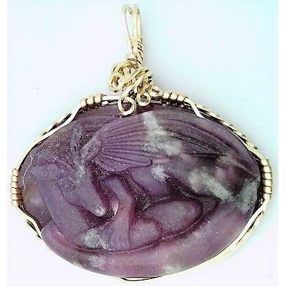 Carved Lepidolite Nesting Dragon Gold Wire Wrap Gemstone Pendant