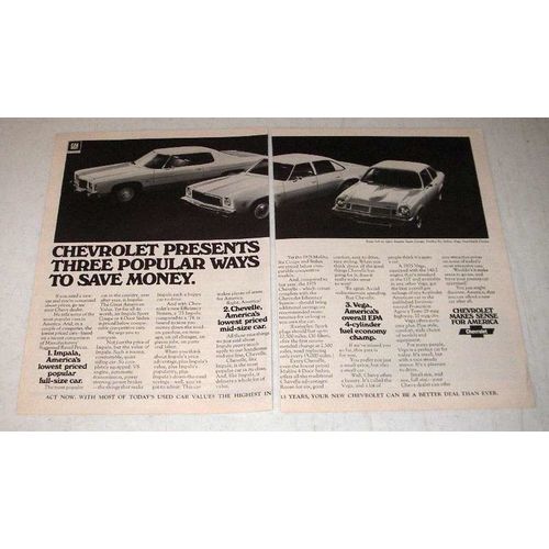 1974 Chevy Impala Sport Coupe, Malibu Six, Vega Car Ad