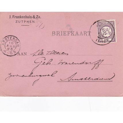 Netherlands 1895 J.Frankenhuis &Zn Zutphen to Amsterdam Postal card written VGC