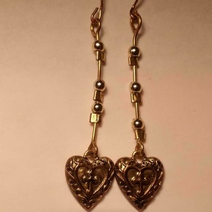 Heart Earrings Gold Heart and Cross Charm Earrings Pierced Dangles 2-1/8"