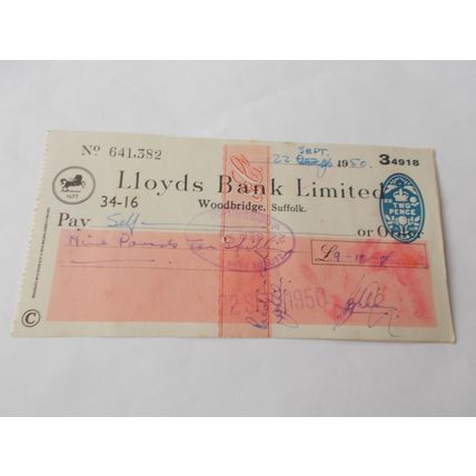 LLOYDS CHEQUE USED 22 SEPT 1950 (13/01)