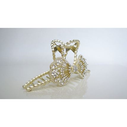 Long one sided round crystal bow gold metal hair claw clip for medium thick hair