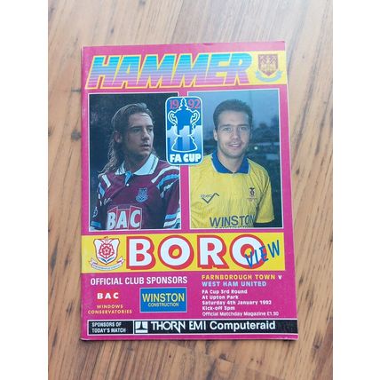 1992 FA Cup 3rd Round - Farnborough T vs West Ham (at Upton Park) ** FREE P&P **