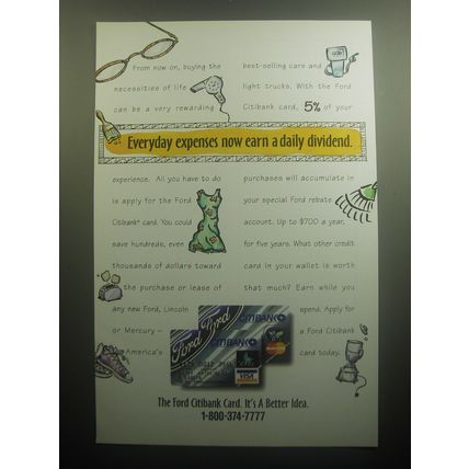 1993 Ford Citibank Credit Card Ad - Everyday expenses now earn a daily dividend