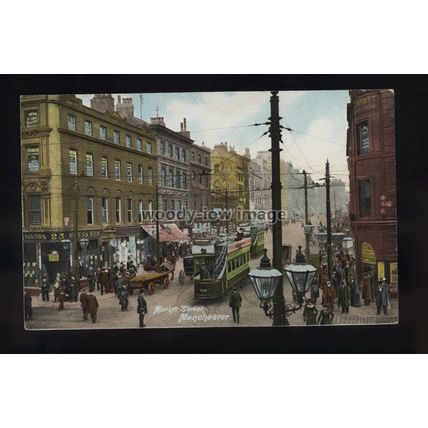 TQ3556 - Lancs - Trams along a busy Market Street in Manchester - postcard