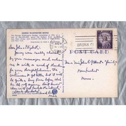 George Washington Bridge - Postally Used - New York August 10 1959 Postmark