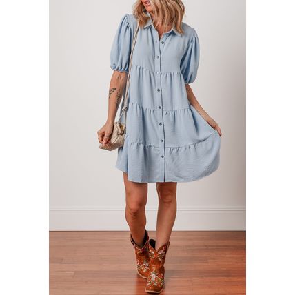 Beau Blue Shirt Collar Button Up Short Puff Sleeve Tiered Shift Dress