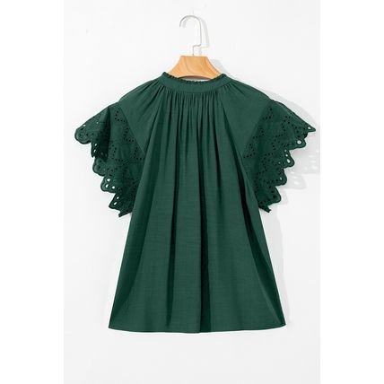 Green Bay Eyelet Embroidered Sleeve Tie V Neck Blouse