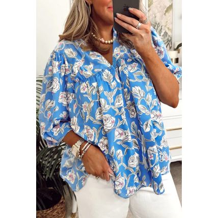 Sky Blue V Neck Floral Print 3/4 Puff Sleeve Blouse