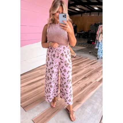 Pink Drawstring Leopard Print Patch Pocket Loose Pants
