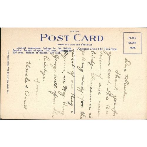 Vintage Canada Postcard c1938 - Lions Gate Bridge, Vancouver, B.C., Canada