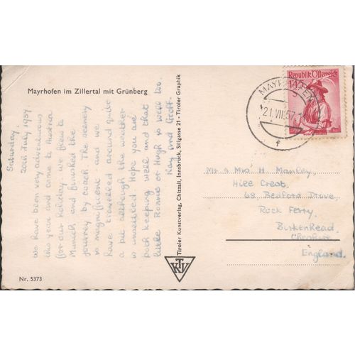 Austria postcard 1957 - Mayrhofen im Zillertal mit Grunberg
