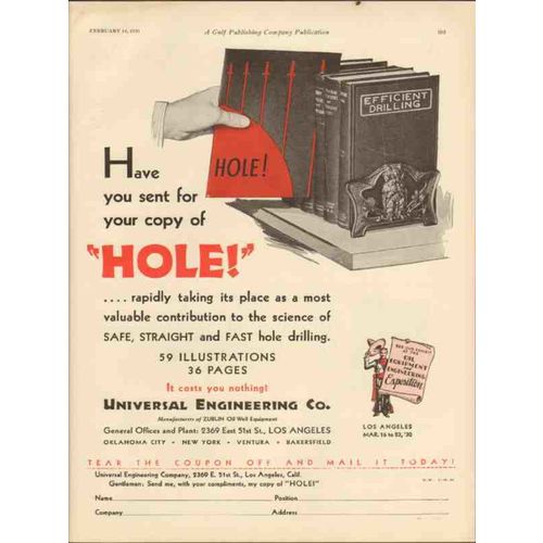 UNIVERSAL ENGINEERING COMPANY 1930 Hole Zubin Oil Equipment vintage ad