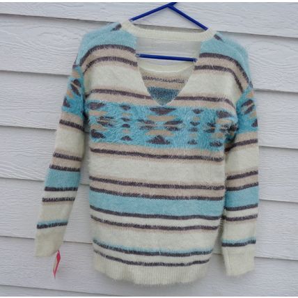 Xhilaration Striped Sweater XS 34 Chest NWT Faux Angora Look Ivory Tan Aqua