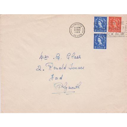 GB 1963 cover Plymouth with 3 stamps and Are You on the Voters Lists slogan