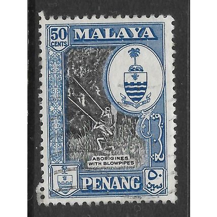 MALAYSIA PENANG 1957 50c ABORIGINES WITH BLOW PIPES BLACK & BLUE SG62 FINE USED2