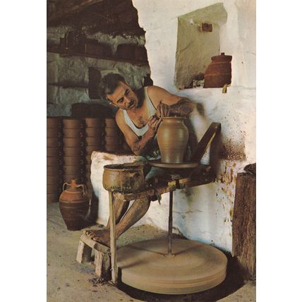 Colour Postcard - Greek Potter throwing a pot on the Wheel