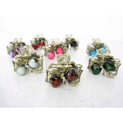 small mini metal heart shaped jeweled antique style bronze hair claw clip