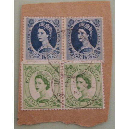 GB 1954 7d horizontal pair and 1s6d horizontal pair used on paper SG524 and 531
