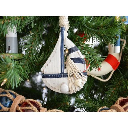 Pack Of 2] Wooden Rustic Blue Sailboat Model Christmas Tree Ornament