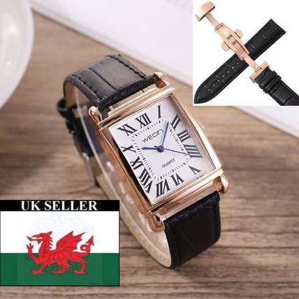 Gents Square Tank Face Black Genuine Leather Strap With Butterfly Clasp Watch