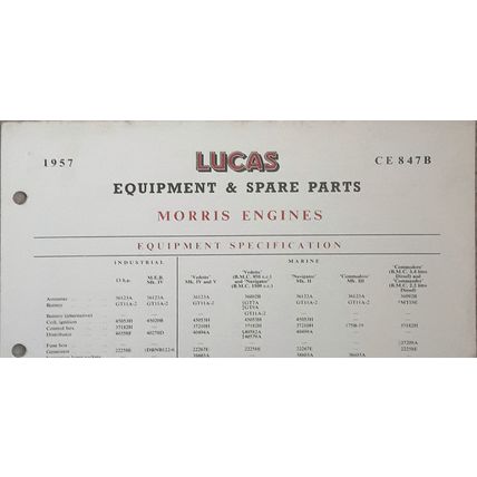 MORRIS MARINE & INDUSTRIAL ENGINES 1957 Lucas Parts Specifications CE847B