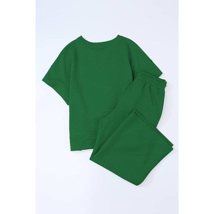 Dark Green Textured Loose Fit T Shirt and Drawstring Pants Set