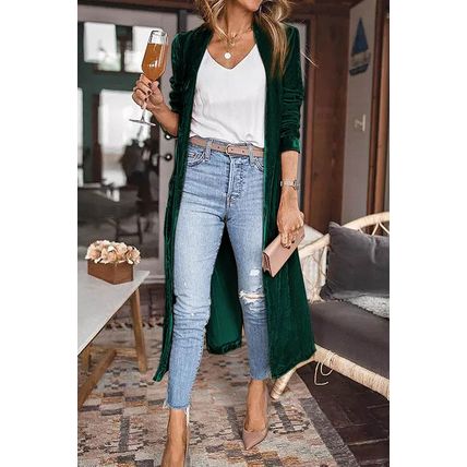 Green Velvet Open Front Pocketed Long Duster