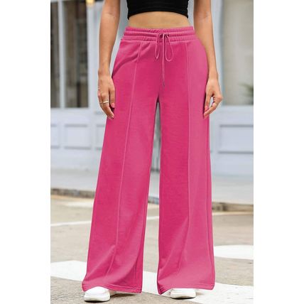Rose Red Terry Knit Drawstring Smocked Waist Wide Leg Sweatpants