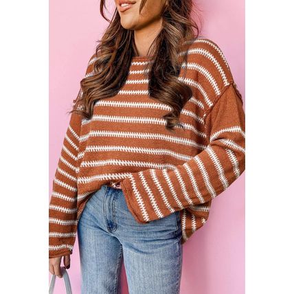 Brown Stripe Drop Shoulder Casual Sweater