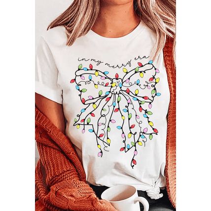 White Colored Light Bowknot Graphic Crewneck T Shirt