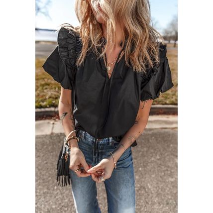 Black Ruffled Puff Short Sleeve Loose Blouse