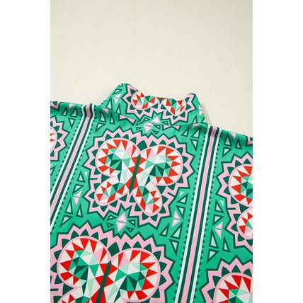 Sea Green Boho Abstract Print Contrast Striped Collared V Neck Blouse