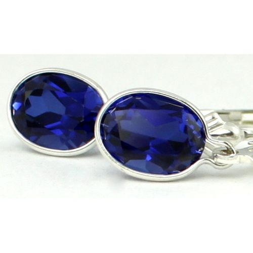 Created Blue Sapphire, 925 Sterling Silver Leverback Earrings, SE001