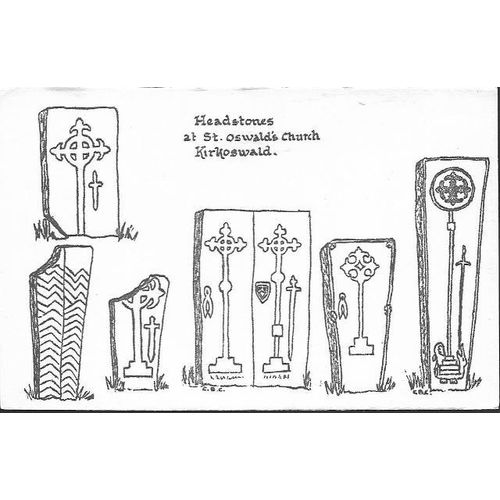 Kirkoswald, Cumbria - Headstones at St Oslwalds church - art postcard c.1970s