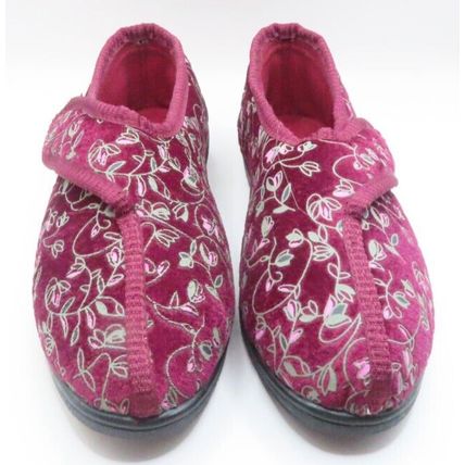 Ladies Slippers Burgundy Pink Floral Adjustable Fastening Disability Gift Size 6