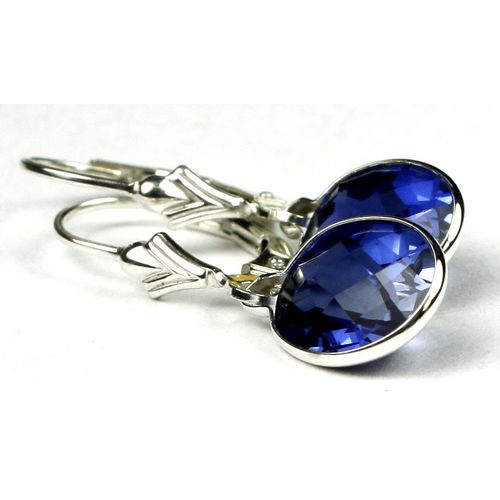 Created Blue Sapphire, 925 Sterling Silver Leverback Earrings, SE101