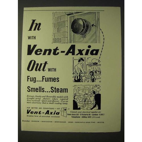 1958 Vent-Axia Ventillation Ad - In with Vent-Axia out with Fug.. Fumes SmellsÉ