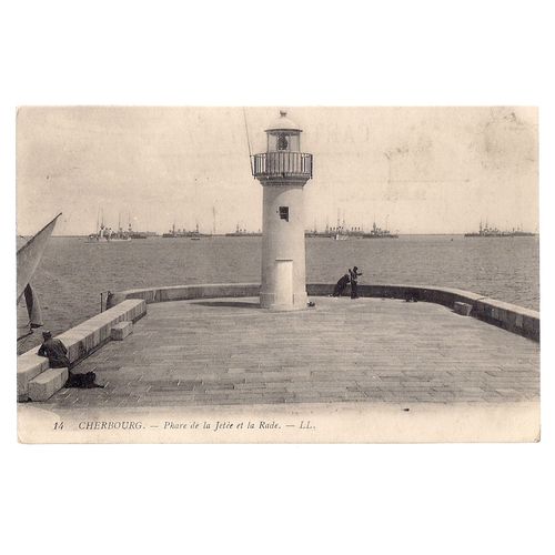 LIGHTHOUSE AND SHIPS, CHERBOURG, FRANCE. unused antique postcard =