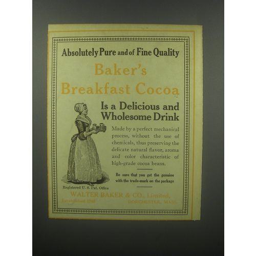 1913 Baker's Breakfast Cocoa Ad - Absolutely pure and of fine quality